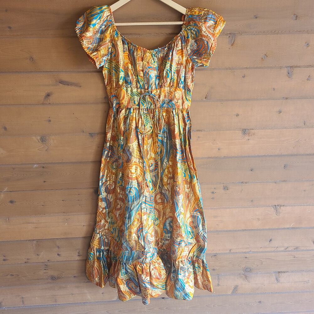 Vintage 70's Handmade Dress Peasant Metallic Psychedelic Empire Puff Sleeve Boho